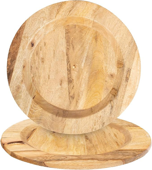 CLEENTABLE Wooden Serving Platter Set of 2-13" Handcrafted Serving Plates - Round Rustic Natural Tableware for Indoor/Outdoor Dining, Weddings, Holidays, Party, Sushi, Dinnerware (Natural)