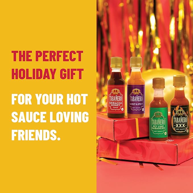 Mini Hot Sauce Gift Set by Tabañero, Holiday Gift Box with Sriracha Honey, Sweet and Spicy, Key Lime and XXX Flavors, 4-Pack, 1.7oz Hot Sauce Bottles, All Natural, Gluten Free, Low Sodium, Vegan, Kosher, Made in the USA