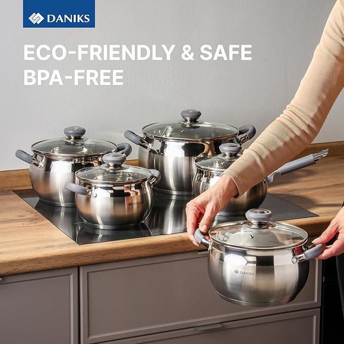 Daniks Modern 10-Piece Stainless Steel Induction Cookware Set – Dishwasher Safe Saucepan, Pots with Heatproof Handles, Glass Lids, Silver