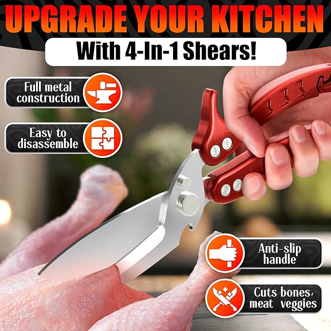 4-in-1 Kitchen Shears Heavy Duty – Sharp Fish, Seafood, Turkey & Chicken Scissors with Non-Slip Metal Handle & Micro-Serrated Blades for Meat – Spring-Loaded Bone Cutting Scissors with Safety Lock