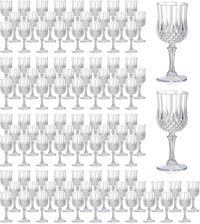 XUWAIDSGN 7oz Plastic Vintage Wine Glasses Drinking Glasses Unbreakable Wedding Glassware Crystal Water Goblets Reusable Drinkware Vintage Champagne Flutes (100, Clear)