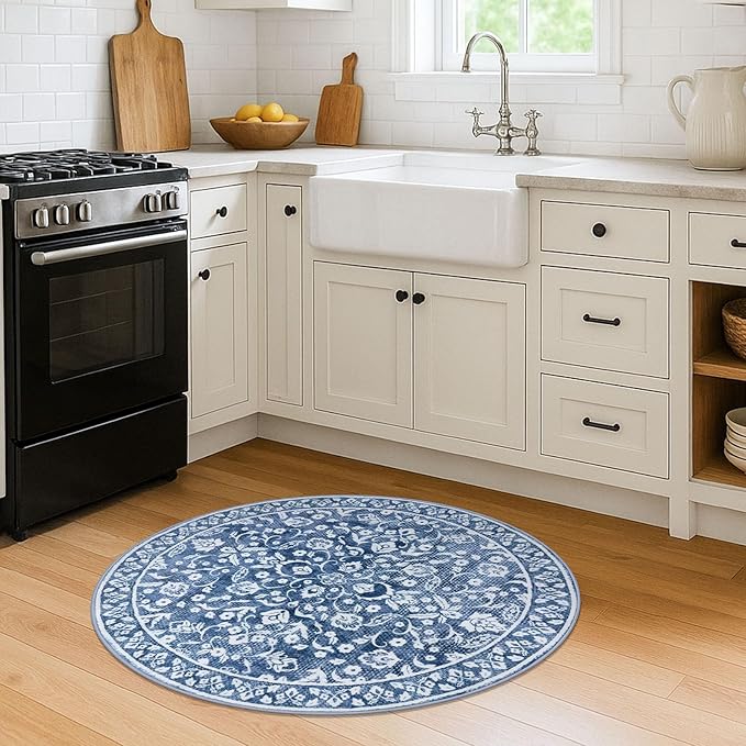 Blue and White Round Rug 3 Ft Rugs for Entryway Washable Circle Entrance Rug Non Slip Round Doormat Indoor Printed Faux Wool Round Front Door Mat Floor Carpet for Backdoor, Bedroom