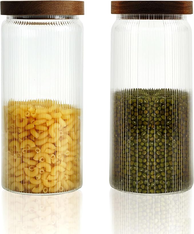 Ribbed Glass Storage Jars Set of 2 – Airtight Food Canisters with Wooden Lids, Stackable Kitchen Organizers for Coffee, Tea, Spices & Dry Goods (25.4oz)