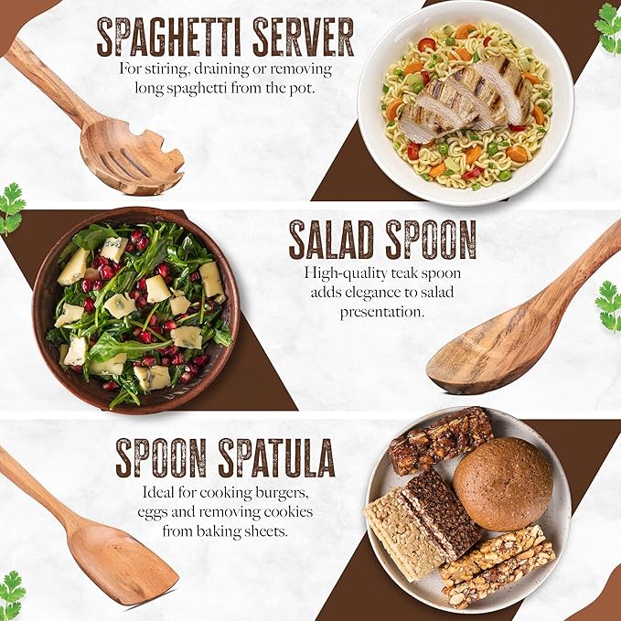 INTAJ Premium Teak Wooden Spoons for Cooking – 9-Piece Kitchen Utensils Set, Durable & Nonstick Safe, Eco-Friendly,Ergonomic Stir, Mix, Scrape & Serve – Ideal for Nonstick,Cast Iron & Ceramic Cookware