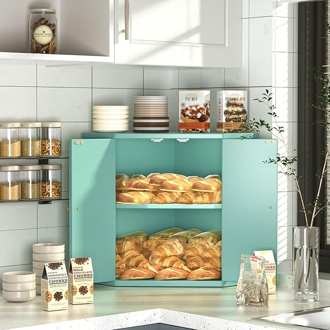 Corner Bread Box for Kitchen Countertop,Storage Container for Homemade Bread, Double Layer BreadBox, Large Capacity Bread Storage Bin, Vintage Farmhouse Breadbox Organizer, Green