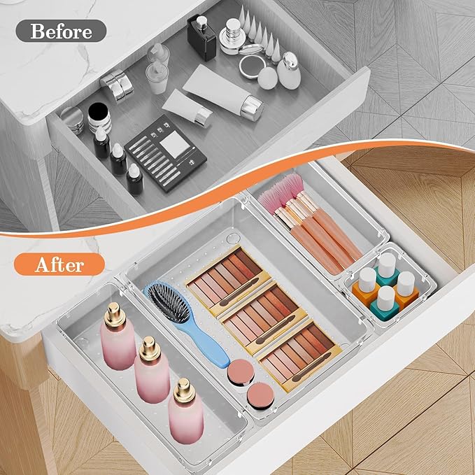 25 PCS Plastic Drawer Organizer Set, 4-Size Versatile Organizer Trays & storage Bins for Makeup, Jewelry, and Gadgets in Bathroom, Bedroom and Office,Clear White