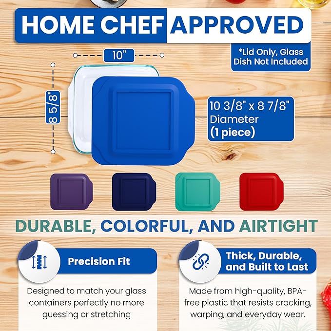 Replacement Lid for Pyrex 2-Quart 8" x 8" Glass Baking Dish #222, Compatible with Lid #222-PC, Food Storage Container Cover with Flush Tab Handles (Blue)