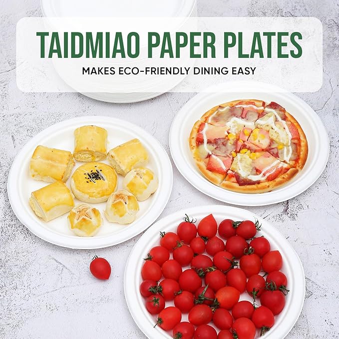 9 Inch Paper Plates 100 Pack - 100% Compostable Dinnerware | Leak & Grease Resistant Disposable Plates for Parties, Microwavable, Bulk Eco-Friendly - White