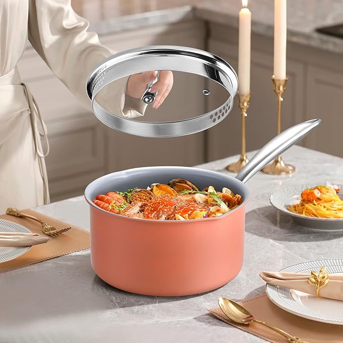 Nonstick Ceramic Saucepan 2.5 Qt,Sauce Pot with Strainer Lid,Two Side Spouts for Easy Pour with Ergonomic Handle,Non Toxic,PTFE &PFOA Free - Oven Safe Compatible with All Stovetops,Perracotta