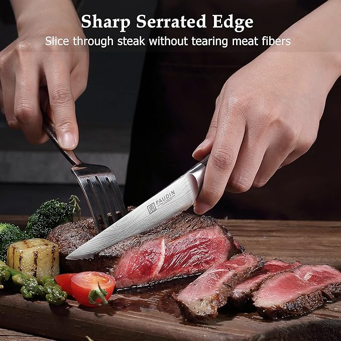PAUDIN Steak Knives Set of 6, Kitchen Steak Knife 4.5 Inch, High Carbon Stainless Steel Steak Knives, Serrated Steak Knife with Pakkawood Handle, Dinner Knives with Gift Box