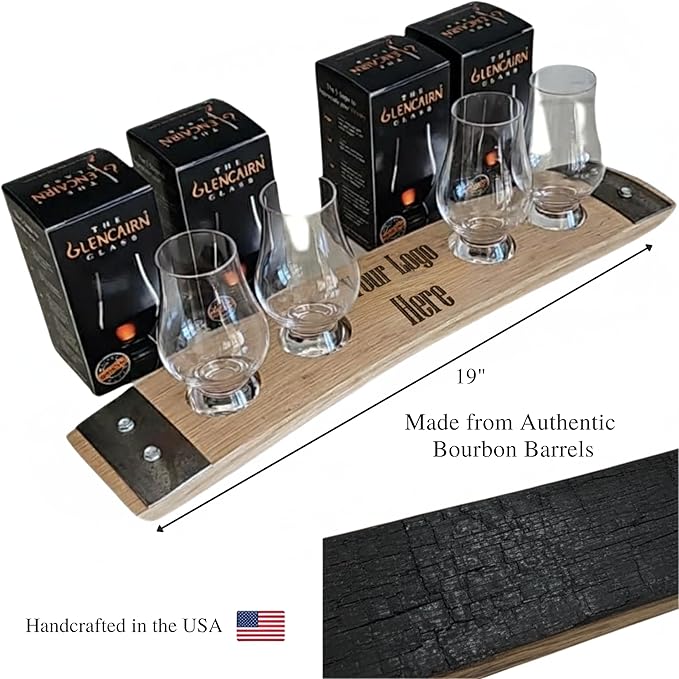 Personalized Premium 4 Glass Whiskey Flight/Engraved Center/Personalized Gift/Crystal Glass Option/Natural Oak Color (Your Logo/Design)