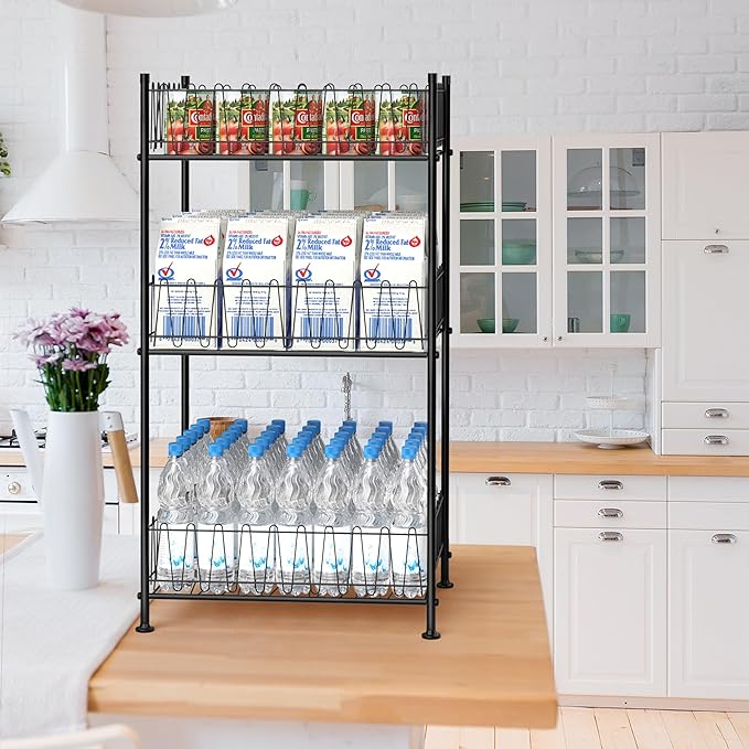 smusei 3 Tier Drink Organizer for Pantry Water Bottle Storage Rack, Multifunctional Drink Storage Free Standing Bottled Water Holder Beverage Soda Can Tumbler Dispenser Stand for Kitchen