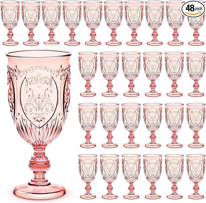 48 Pcs Plastic Goblets 7.5oz Vintage Goblet Plastic Wine Glasses Colored Retro Embossed Water Goblets for Wine Bar Juice Baby Shower Wedding Reception Grand Event Party (Pink)