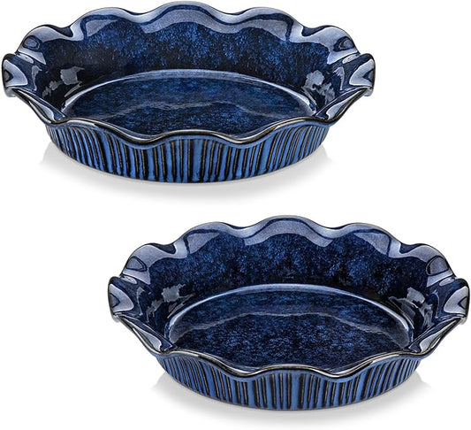 vancasso Stern Ceramic Pie Pan, 9 inch Pie Pans with Ruffled Edge, Deep Pie Dishes for Baking, Round Pie Plates for Apple, Quiche, Pot Pies, Tart, Oven & Dishwasher Safe, Set of 2, Blue