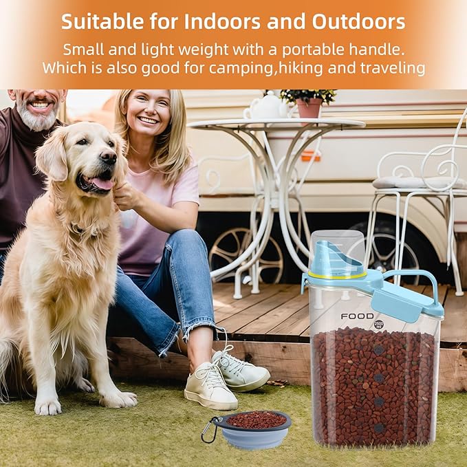 2Pack Cat Dog Food Storage Container Upgraded Large Nozzle BPA-free, 3-5 LBS Plastic Pet Food Storage Containers, With 4 Sealed Clasps, 1 Measuring Cup and Handle (Sunshine Blue)