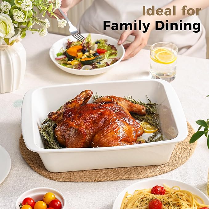 Baking Dish for Oven, 9.3'' x14'' Ceramic Casserole Dish, Lasagna Pan, Oven Safe Bakeware Sets with Handles, Microwave, Dishwasher Safe, Home Decor, Wedding Gift, White, Set of 2