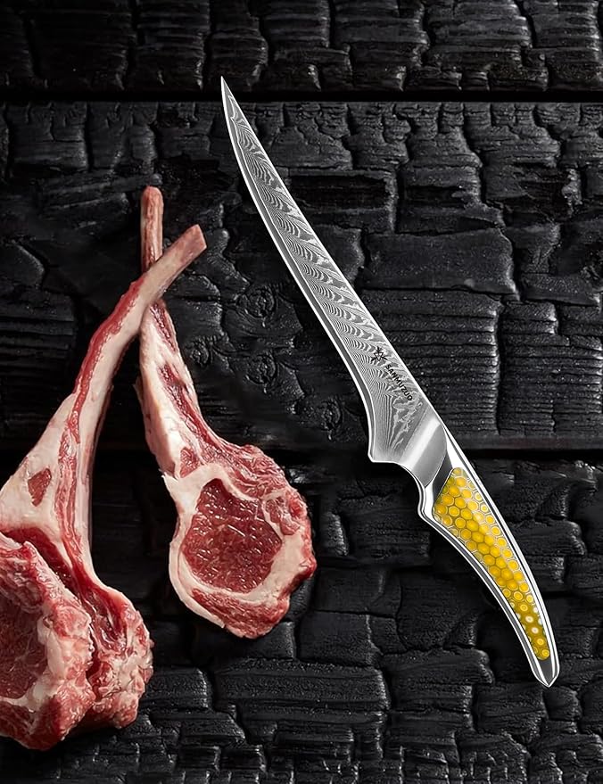 7 Inch Fillet Knife, Japanese VG-10 Damascus Steel Kitchen Fish Knife, Ultra Sharp Boning With Full-tang Handle in Yellow Resin, LA-S9 Series