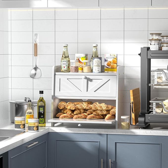 Bread Box for Kitchen Countertop, Double Layer Wooden Breadbox, Large Capacity Bread Storage Bin, Homemade Bread Storage Container, Farmhouse Breadbox Organizer, White