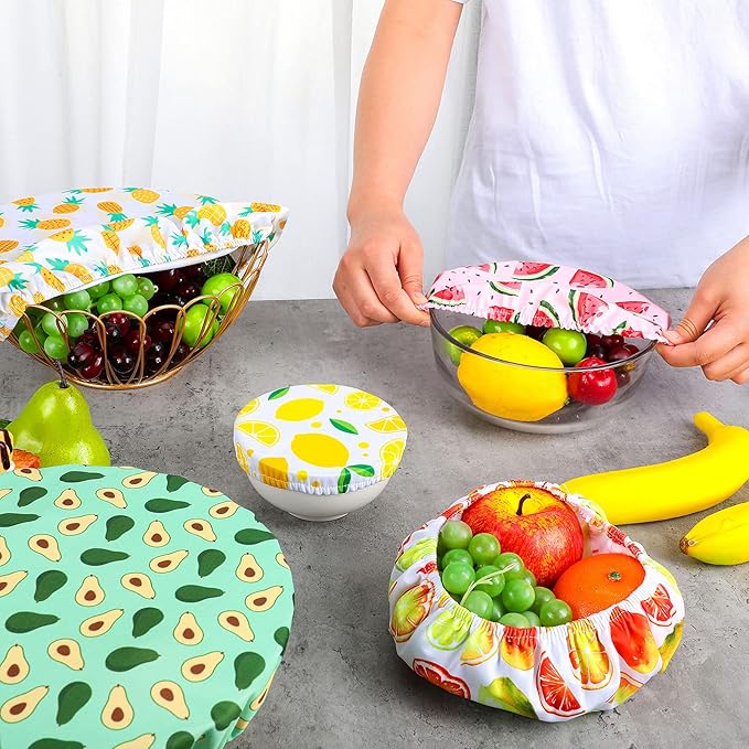 Patelai 10 Pcs Bowl Covers Reusable in 5 Size Stretch Cloth Fabric Elastic Food Storage Bowl Covers Bread Sourdough Lids for Proofing Food Fruits Leftover(Summer Style)