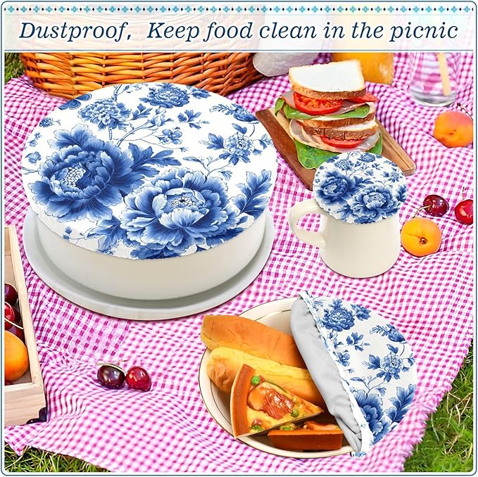 5 Pcs Bowl Covers Reusable in 5 Size Elastic Food Cover Cloth Lids Fresh Keeping Dish Cookware Bakeware Fabric Covers Lids for Food Leftovers Fruits Storage Blue and White Peony Flowers But
