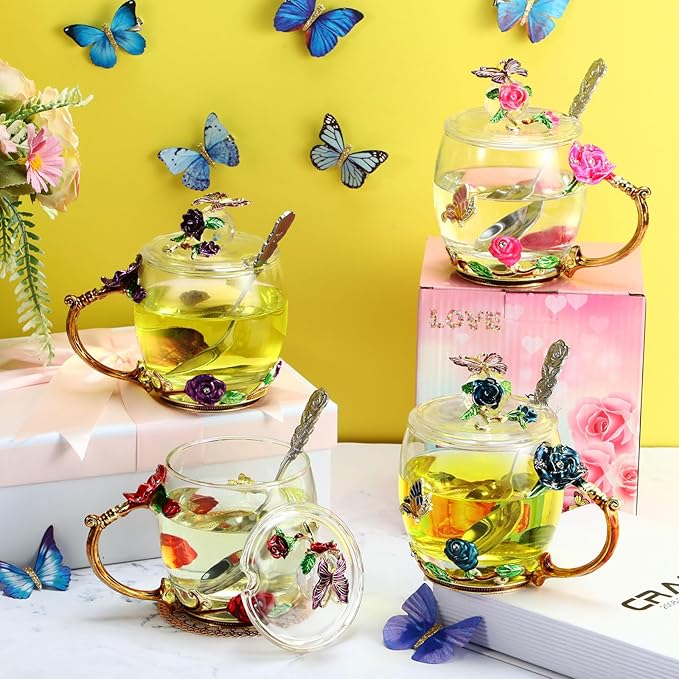 Nuanchu 4 Sets Flower Glass Tea Cups with Lids and Spoon Butterfly Vintage Glass Coffee Mugs Floral Fancy Clear Teacup for Christmas Women Mom Wife Girlfriend(Pink, Purple, Blue, Red,11 oz)