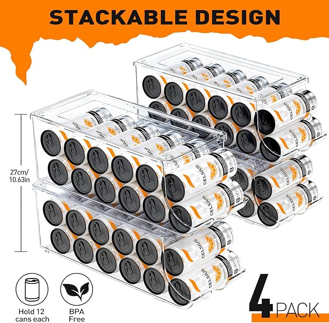 4 Pack Skinny Can Organizer for Refrigerator, Stackable Tall Skinny Soda Pop Can Holder Dispenser with Lid for Fridge Pantry Rack Freezer, Clear Plastic Storage Bins-Holds 12 Slim Cans Each