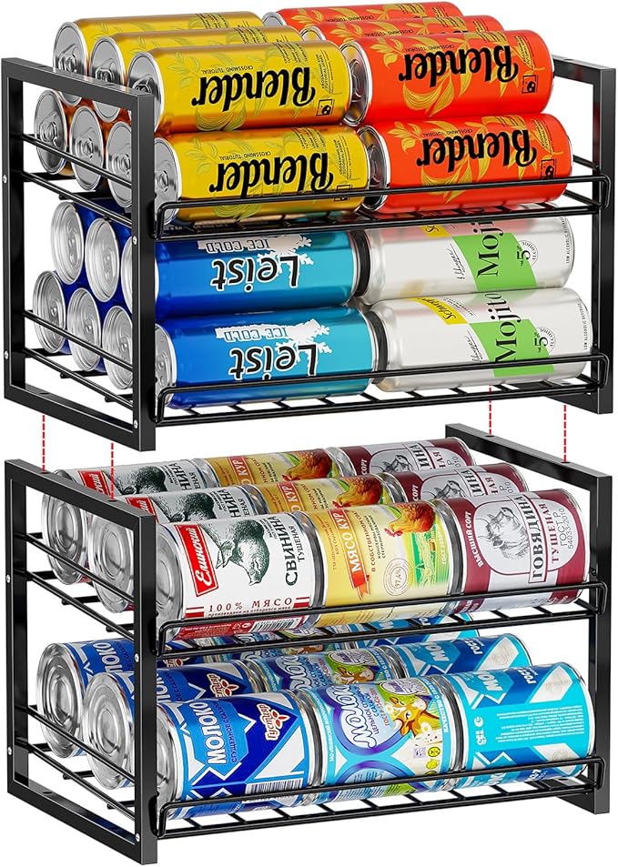 SUFAUY Stackable Pantry Can Organizers and Storage, Holds Up to 60 Cans, 2 Pack Soda Food Can Storage Rack Dispenser, Black