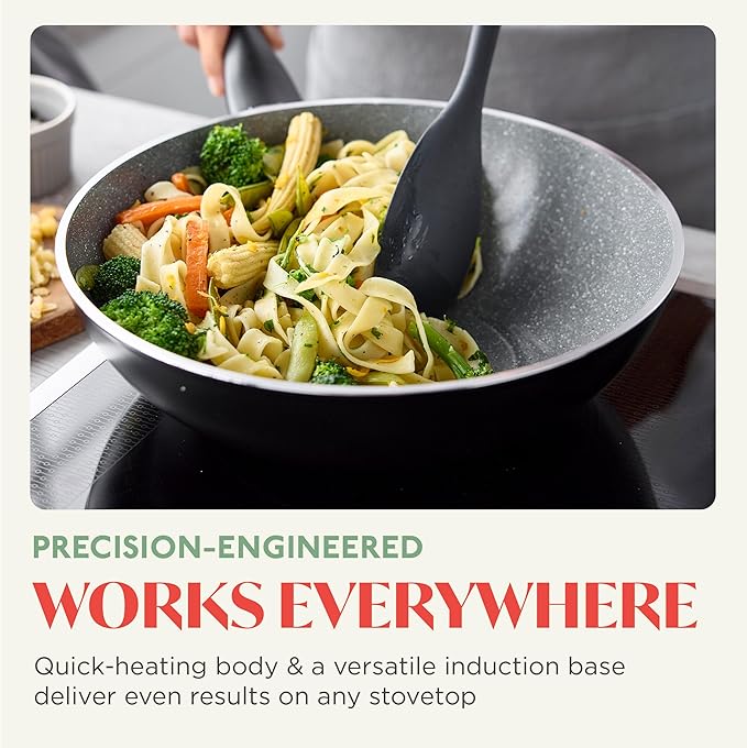 Rigoletto 11” Nonstick Wok Pan, Made in Italy, Layered Ceramic PFAS-Free Surface, Induction Ready Skillet, Dishwasher & Metal Utensil Safe, Granite Finish, Stay-Cool Handle, Black