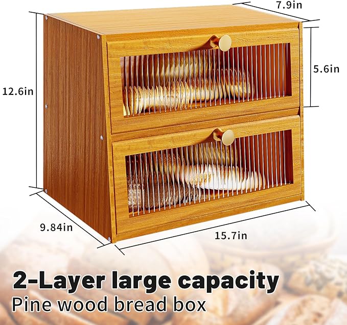 Pine Wooden Bread Box for Kitchen Countertop,Extra Large 2 Layer Breadbox Holder Farmhouse Bread Storage Container Bin Food Organizer Pantry Shelf Acrylic Window
