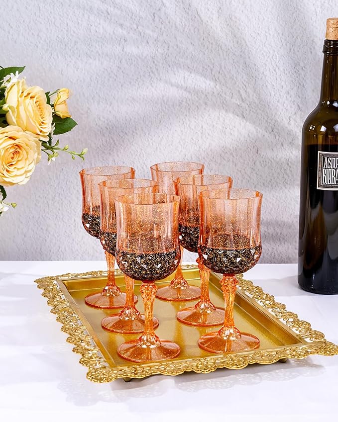 Ciaell 24PCS Rose Gold with Glitter Plastic Wine Glasses - 7 Oz Vintage Drinking Glasses with Rose Gold Glitter - Disposable Water Goblets Set for Party Wedding, Bar, Wine, Beer & Thanksgiving