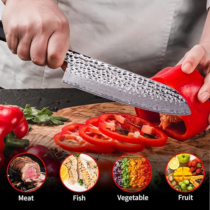 FINDKING Eternity Series Japanese Santoku Knife with ABS sheath, Professional Kitchen Knife, 9Cr18MoV Damascus Steel Blade, Resin Octagonal Handle, for Meat, Fruits, Vegetables, 7 Inches