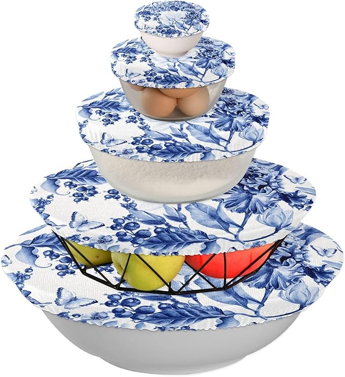 5 Pcs Bowl Covers Reusable in 5 Size Elastic Food Cover Cloth Lids Fresh Keeping Dish Cookware Bakeware Fabric Covers Lids for Food Leftovers Fruits Storage Blue and White