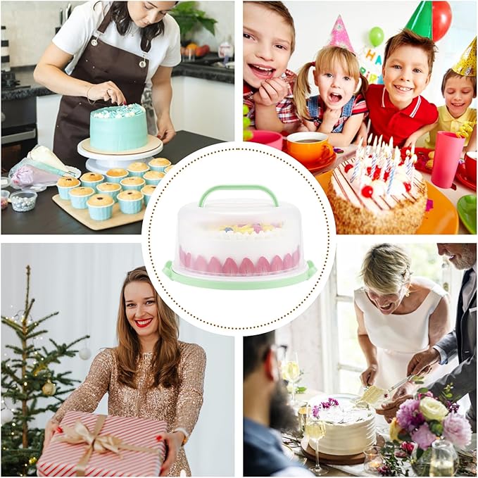 Cake Carrier with Lid and Handle, Cake Stand Cupcake Containers for 10 inch Cake with 2 Handles Cupcake Holder, 3 in 1 Transport Storage Container for Cake Pie Muffin Pizza，Green Round Cake Carriers