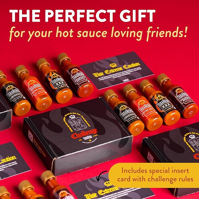 Tabañero Challenge Box, Hot Sauce Gift Set, 4 Pack, Original, Extra, XXX Hot and Dragon's Breath, 1.7 oz Mini Glass Bottles, Gluten Free, All Natural, Low Sodium, Vegan, Kosher, Made in the USA