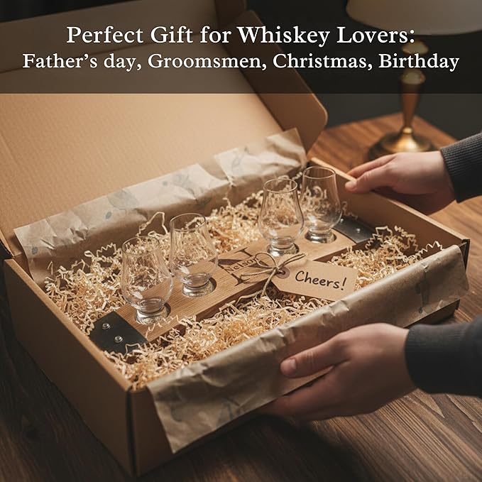 Personalized Premium 4 glass whiskey flight/engraved center/personalized gift/Crystal glass option/Natural oak color (Split Letter monogram)