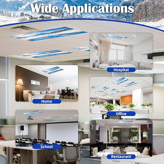 2 Pcs Fluorescent Light Covers - 4 x 2 Feet Covers for Ceiling Lights, Magnetic Light Filters for Classroom, Office, Hospitals, Home (Winter - Snow)