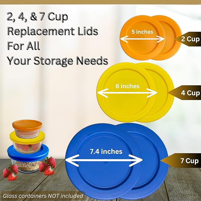 2, 4 & 7 Cup Orange, Yellow, Blue Replacement Lids/Covers for Pyrex, Anchor Hocking & KlareWare Storage Bowls *Lids Only Glass Container Not Included* (6 Pack *Two of Each Size*)