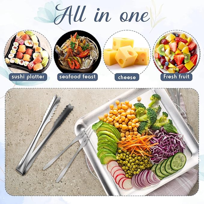 Baderke 4 Set 9" Chilled Serving Tray for Parties with Compartments Ice Chilled Party Platter Charcuterie Serving Board Cold Dish Dip with Forks Tongs for Fruit Seafood Vegetable Appetizer (Silver)