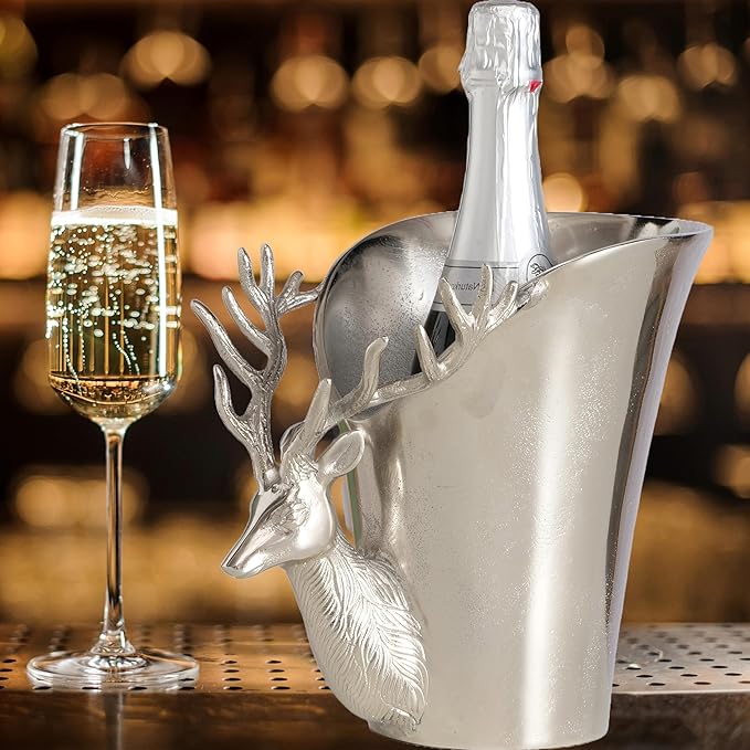 WHW Whole House Worlds Luxury Stag Head Champagne Bucket, Asymmetrical Flared Opening, Hand Cast, Silver Aluminum, Gleaming Polish, 9 Inches