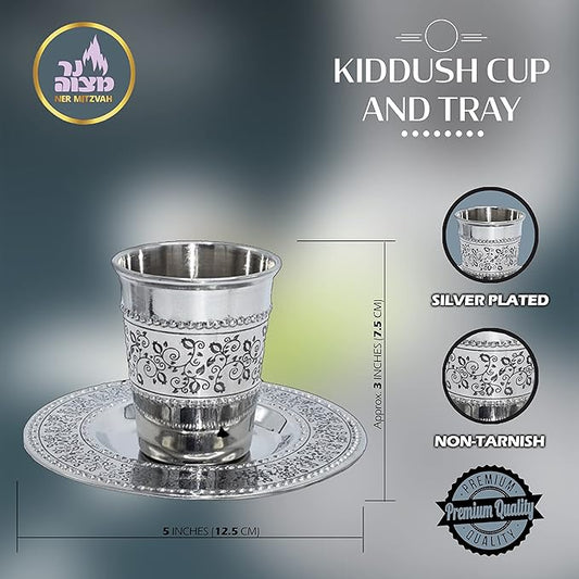 Ner Mitzvah Kiddush Cup and Tray - Premium Quality Stainless Steel Wine Cup - For Shabbat and Havdalah - Judaica Shabbos and Holiday Gift