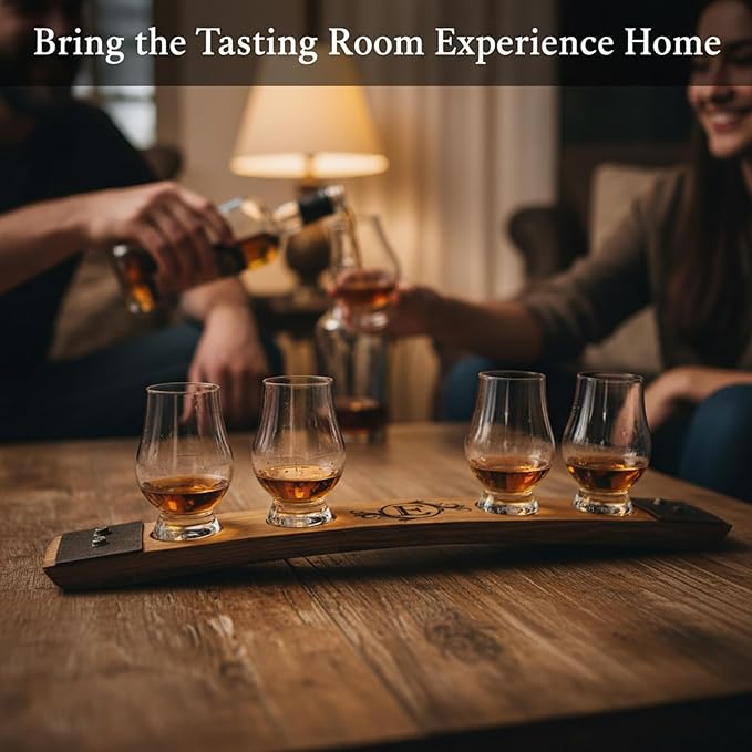 Personalized Premium 4 Glass Whiskey Flight/Engraved Center/Personalized Gift/Crystal Glass Option/Natural Oak Color (Circle Flourish)