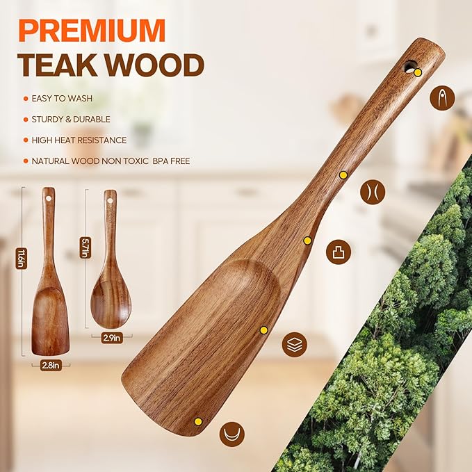Wooden Spoons for Cooking, Wooden Utensils for Cooking Natural Teak Wooden Kitchen Utensils Set Comfort Grip(2 PCS)