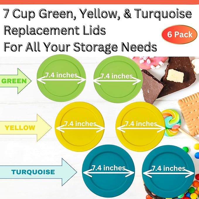 7 Cup/1.65 L Turquoise Yellow Spring Green Replacement Lids/Covers for Pyrex 7202-PC, 56oz Anchor Hocking & KlareWare Storage Bowls *Lids Only Glass Container Not Included* (4 Pack, Turq/Y/Spring Grn)