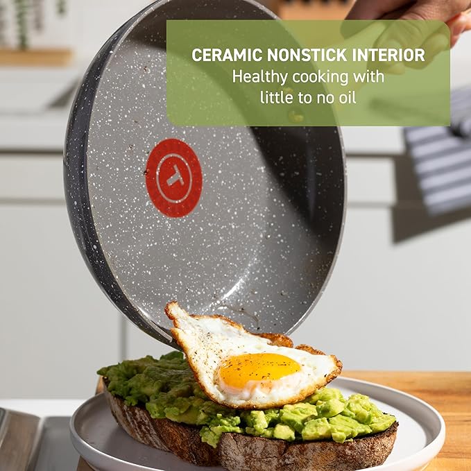 T-fal Revive Ceramic Cookware Sets, Pots and Pans Set Nonstick, (12 pieces), Ceramic Non stick Coated, Frying Pan, Oven Safe Up To 350°F, Grey Granite