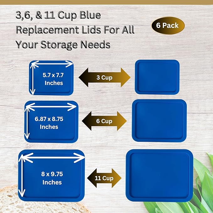 3, 6 & 11 Cup Blue Replacement Lids/Covers for Pyrex, Anchor Hocking & KlareWare Storage Bowls *Lids Only Glass Container Not Included* (6 Pack *Two of Each Size*)