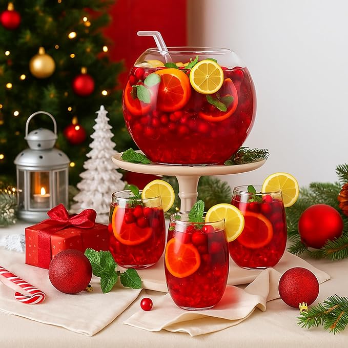 Glass Punch Bowl Set Christmas Party Bowl Set with 6 Punch Cups and Ladle Heavy Large for Parties, Holidays, Schools, Christmas for Centerpiece Table Decorations
