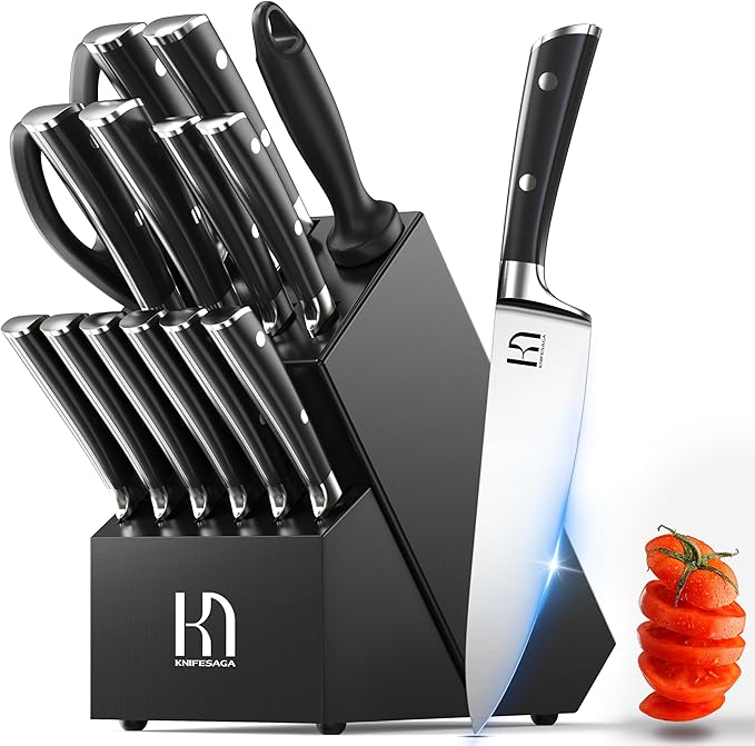 2025 Knife Set 15 Pcs Japanese High Carbon Stainless Steel Kitchen Knife Sets with Block & Sharpener, Premium Razor-Sharp Black Knives Block Set for Kitchen, Ergonomic Full-Tang Handle