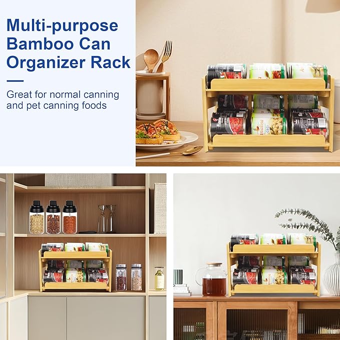 MinBoo Adjustable Can Organizer Rack, Two Tier Bamboo Stackable FIFO Cans Dispenser, Modern Style, Countertop, Assembly Required, Anti Shedding