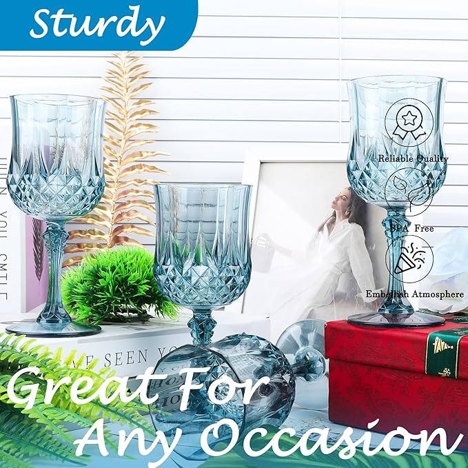 Plastic Wine Glasses，Plastic Goblets Vintage Style Cordial Drinking Glasses for Wedding Reception, Grand Event Party Supplies (12, Dusty Blue)