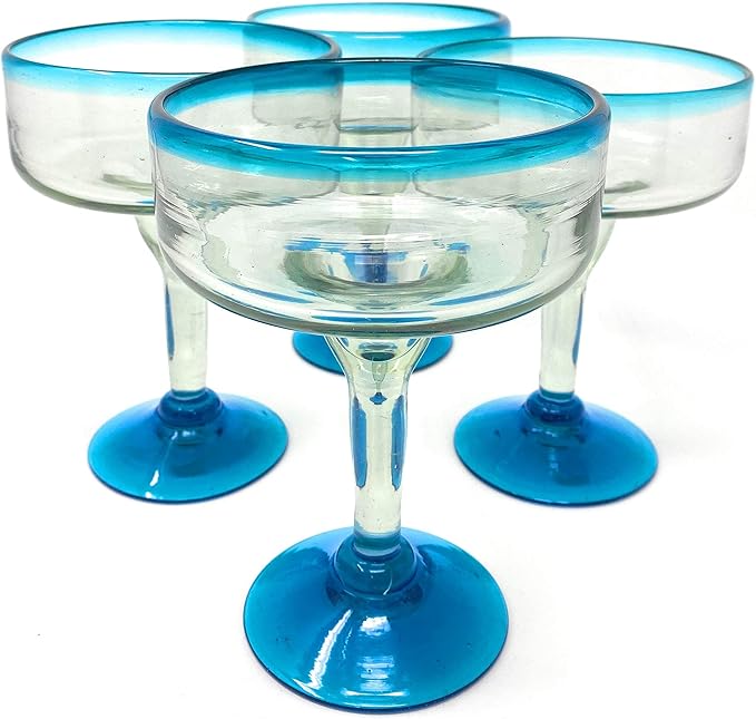 Mexican Hand Blown Glass – Set of 4 Hand Blown Margarita Glasses (16 oz) with Aqua Blue Rims